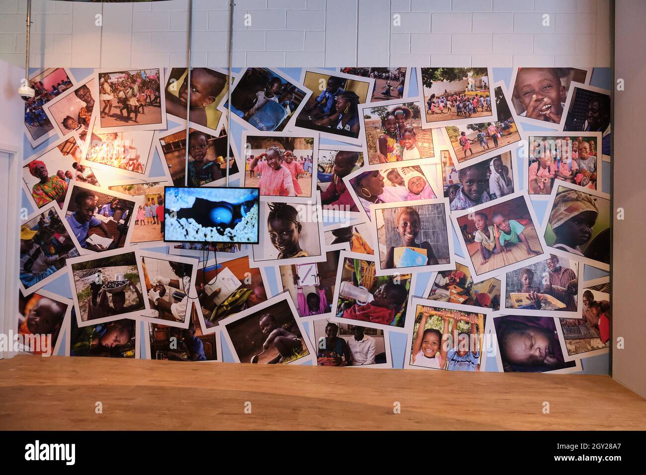 Picture montage exhibition inside the Guinea-Bissau Pavilion in the