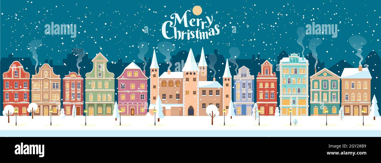 Snowy Christmas night in cozy town city panorama with castle. Winter village landscape, flat style, Merry Christmas lettering, vector illustration Stock Vector