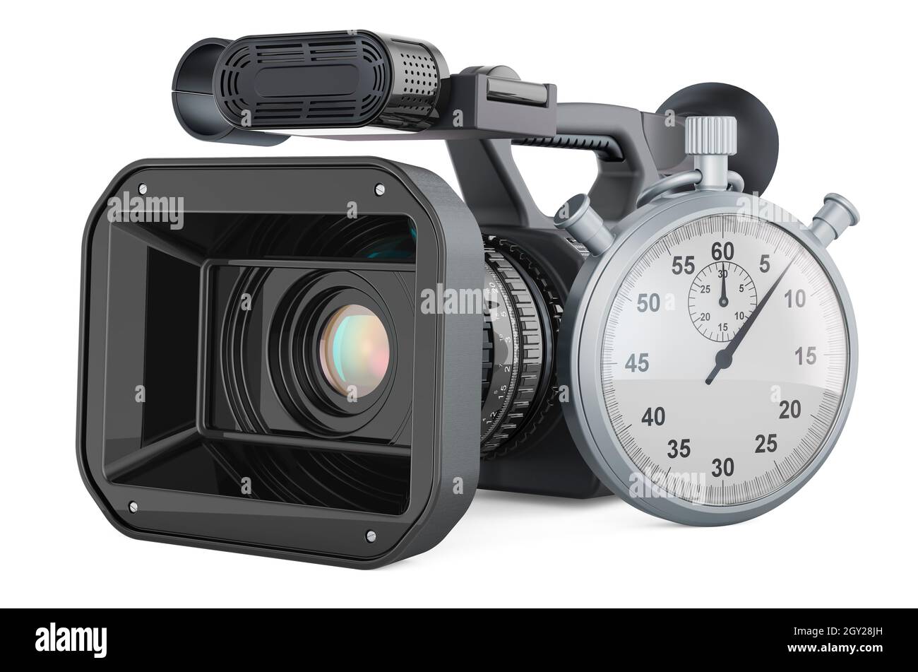 Stopwatch with professional video camera, 3D rendering isolated on
