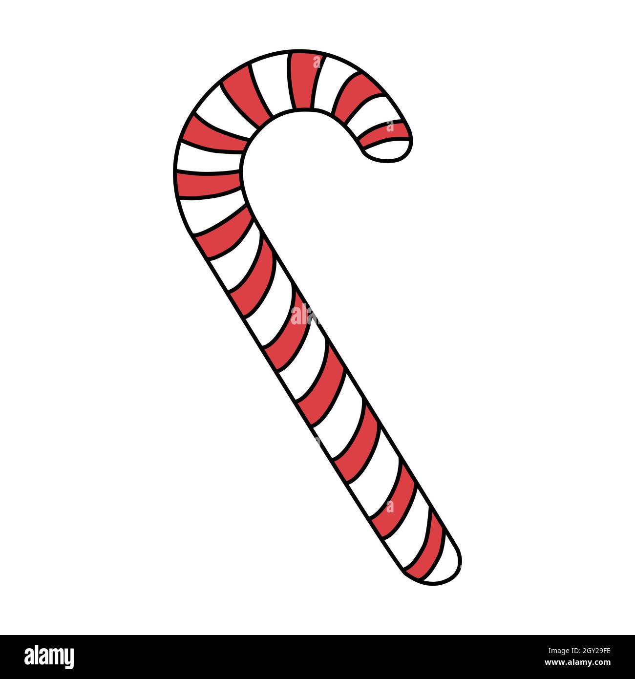 Winter candy cane. Hand drawing. Colorful outline on white background.  Picture can be used in christmas and new year greeting cards, posters,  flyers, banners, logo etc. Vector illustration. EPS10 Stock Vector Image