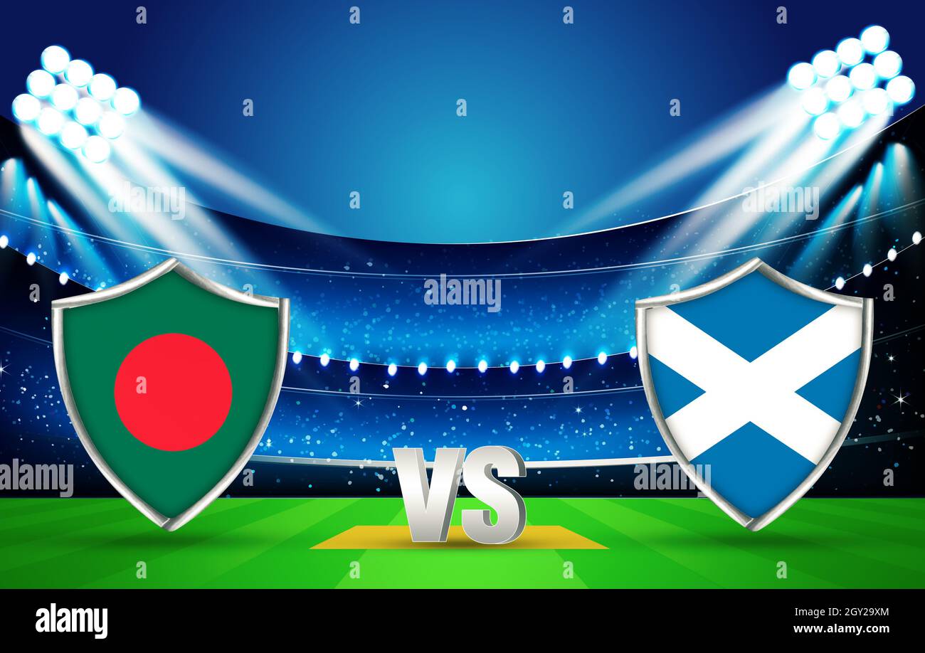 Bangladesh Vs Scotland in a Cricket Match Face to Face with Versus Sign. 3D Rendered Stage championship concept backdrop Stock Photo
