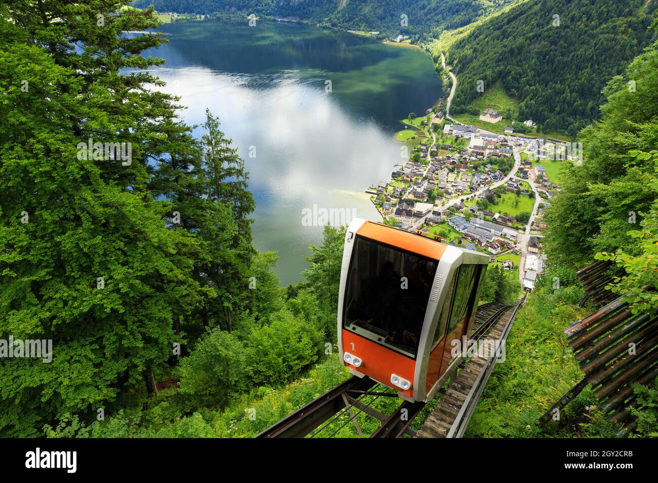 A cable car taking visitors up to Salzwelten, Hallstatt, Austria; one of the oldest salt mines in the world. Stock Photo
