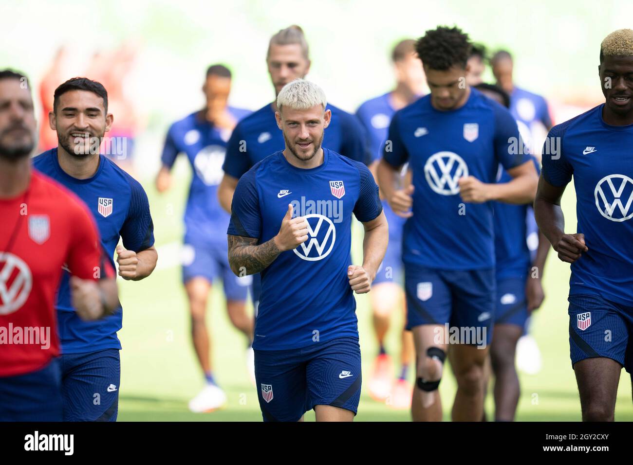 Austin, Texas, USA. 6th October, 2021. Members of the United States Men's National Team (USMNT) warm up for practice at Austin's Q2 stadium on Wednesday, October 6, 2021. The U.S. team will face Jamaica on Thursday in a World Cup qualifying match. Credit: Bob Daemmrich/Alamy Live News Stock Photo