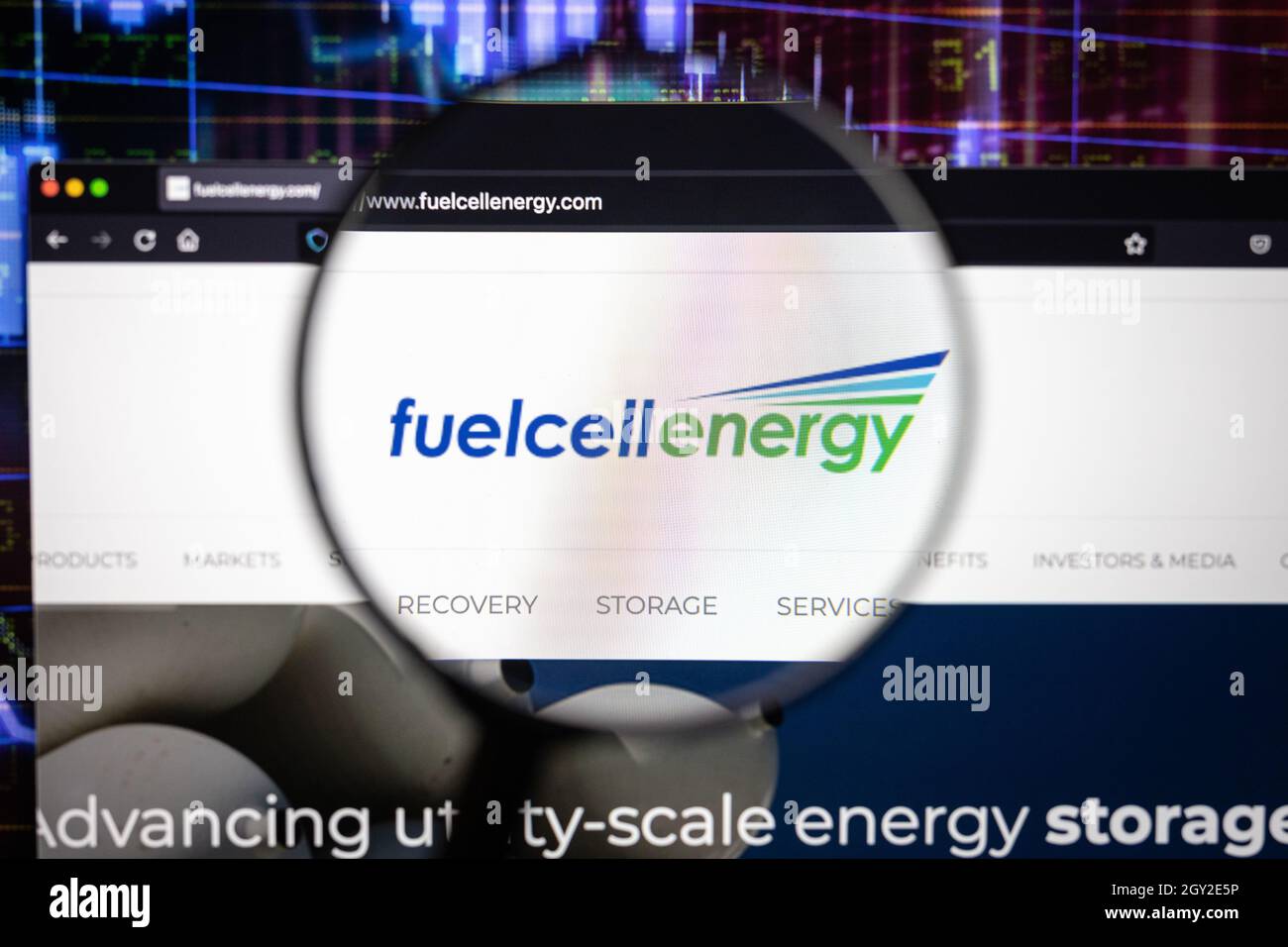 Fuelcell Energy company logo on a website with blurry stock market