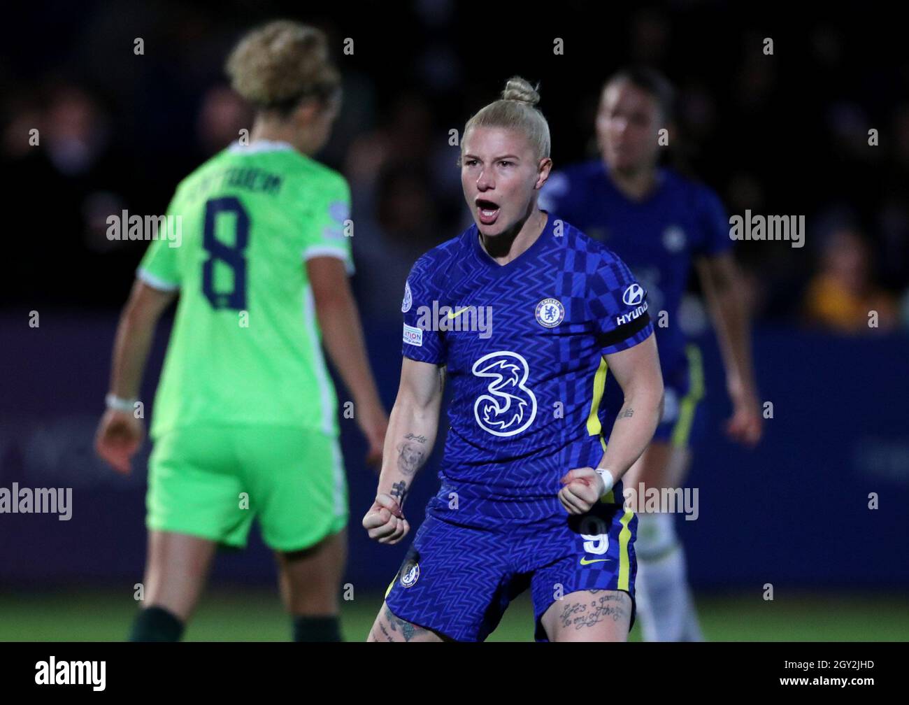 Soccer Football - Women’s Champions League - Group A - Chelsea v VfL Wolfsburg - Kingsmeadow, London, Britain - October 6, 2021 Chelsea's Beth England celebrates scoring their second goal Action Images via Reuters/Peter Cziborra Stock Photo