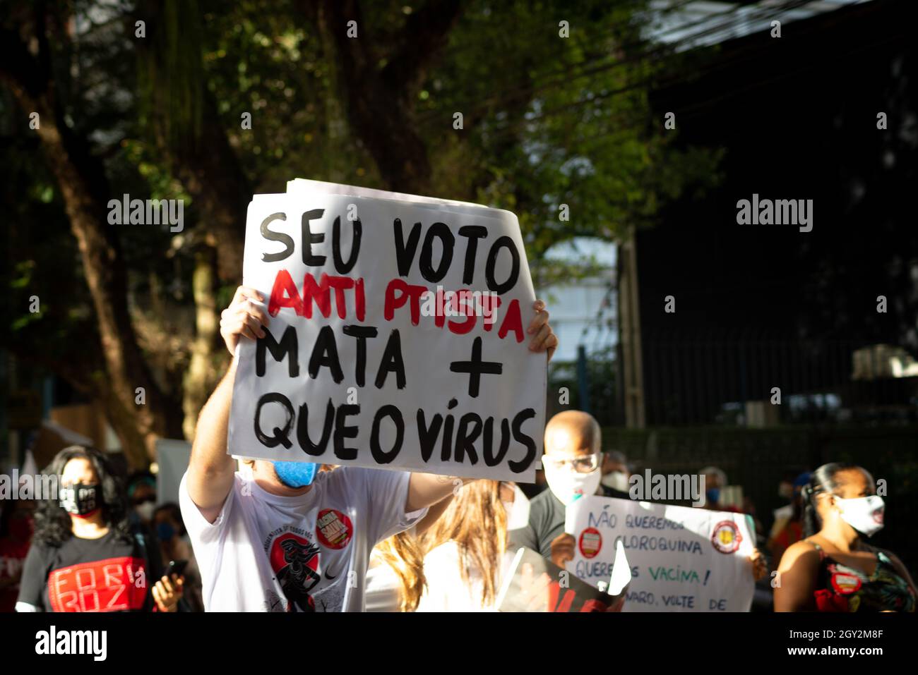 Salvador, Bahia, Brazil - June 19, 2021: Protesters protest against the government of President Jair Bolsonaro in the city of Salvador. Stock Photo