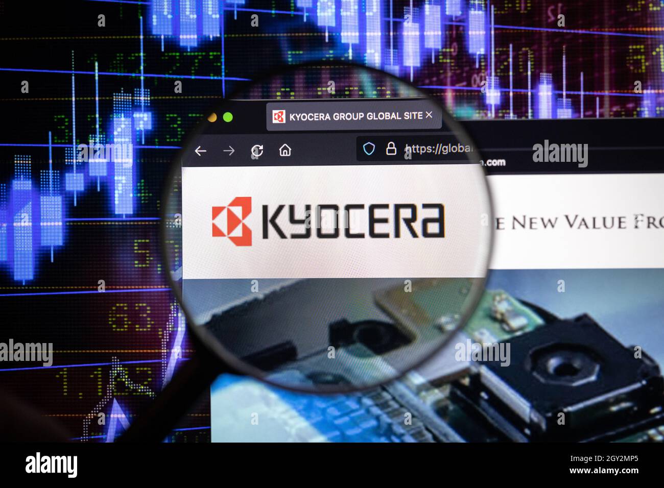 Kyocera company logo on a website with blurry stock market developments in  the background, seen on a computer screen through a magnifying glass Stock  Photo - Alamy