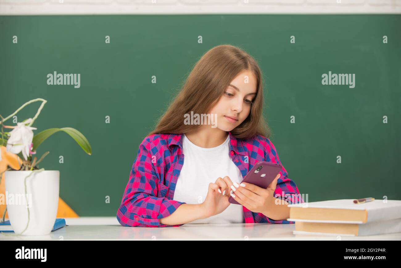 back to school. education app. kid chat online in classroom. september 1. Stock Photo
