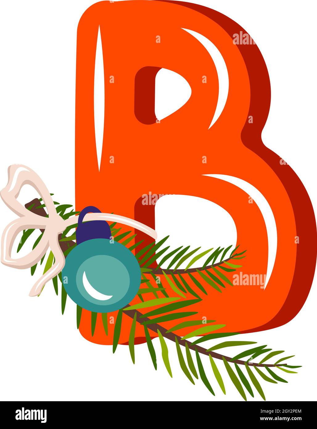 https://c8.alamy.com/comp/2GY2PEM/red-letter-b-with-green-christmas-tree-branch-ball-with-bow-festive-font-for-happy-new-year-and-bright-alphabet-2GY2PEM.jpg