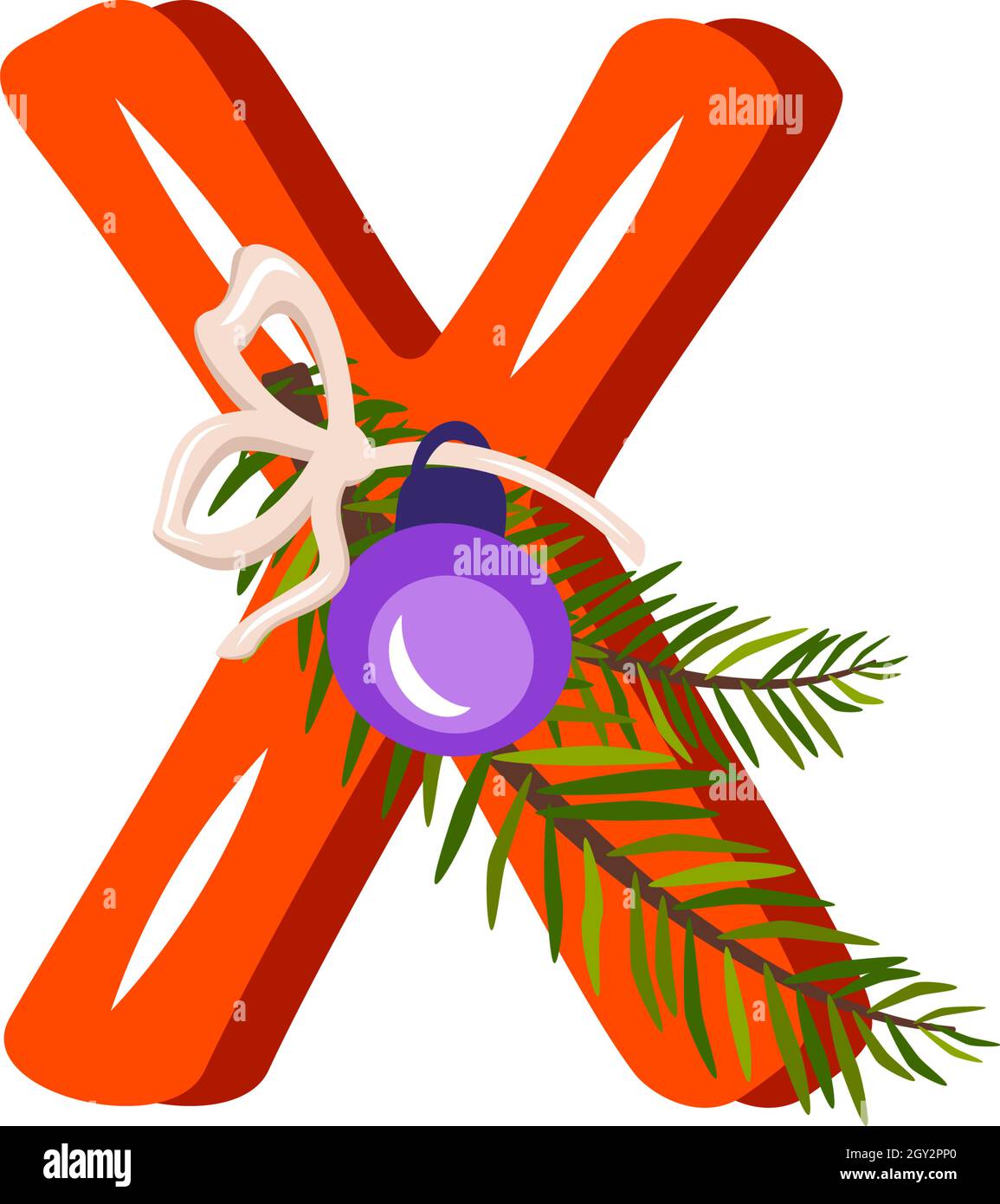 Red letter X with green Christmas tree branch, ball with bow. Festive font for Happy New Year and bright alphabet Stock Vector