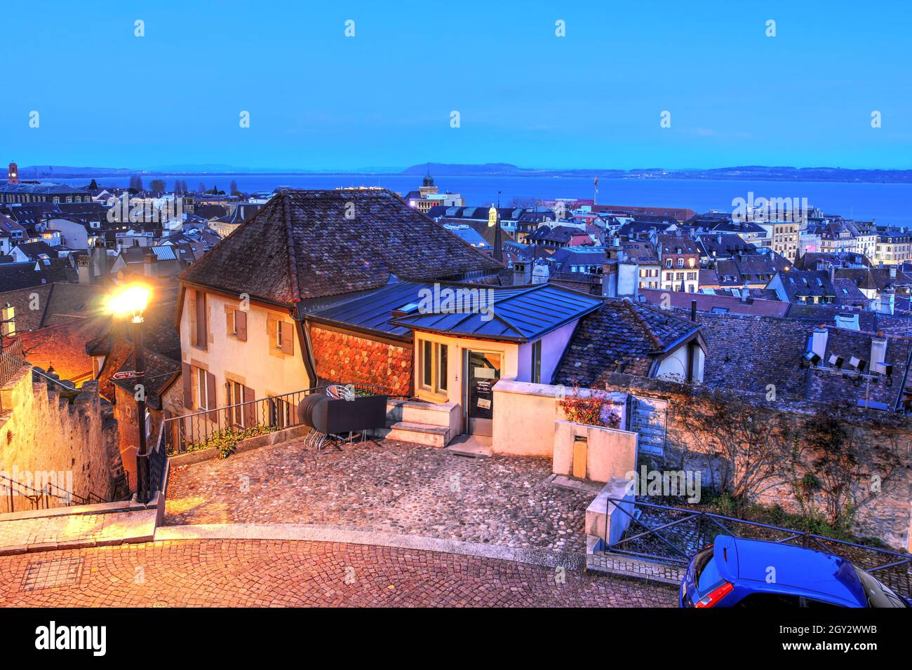 Night view of Neuchâtel town and lake from the Castle terrace. Stock Photo