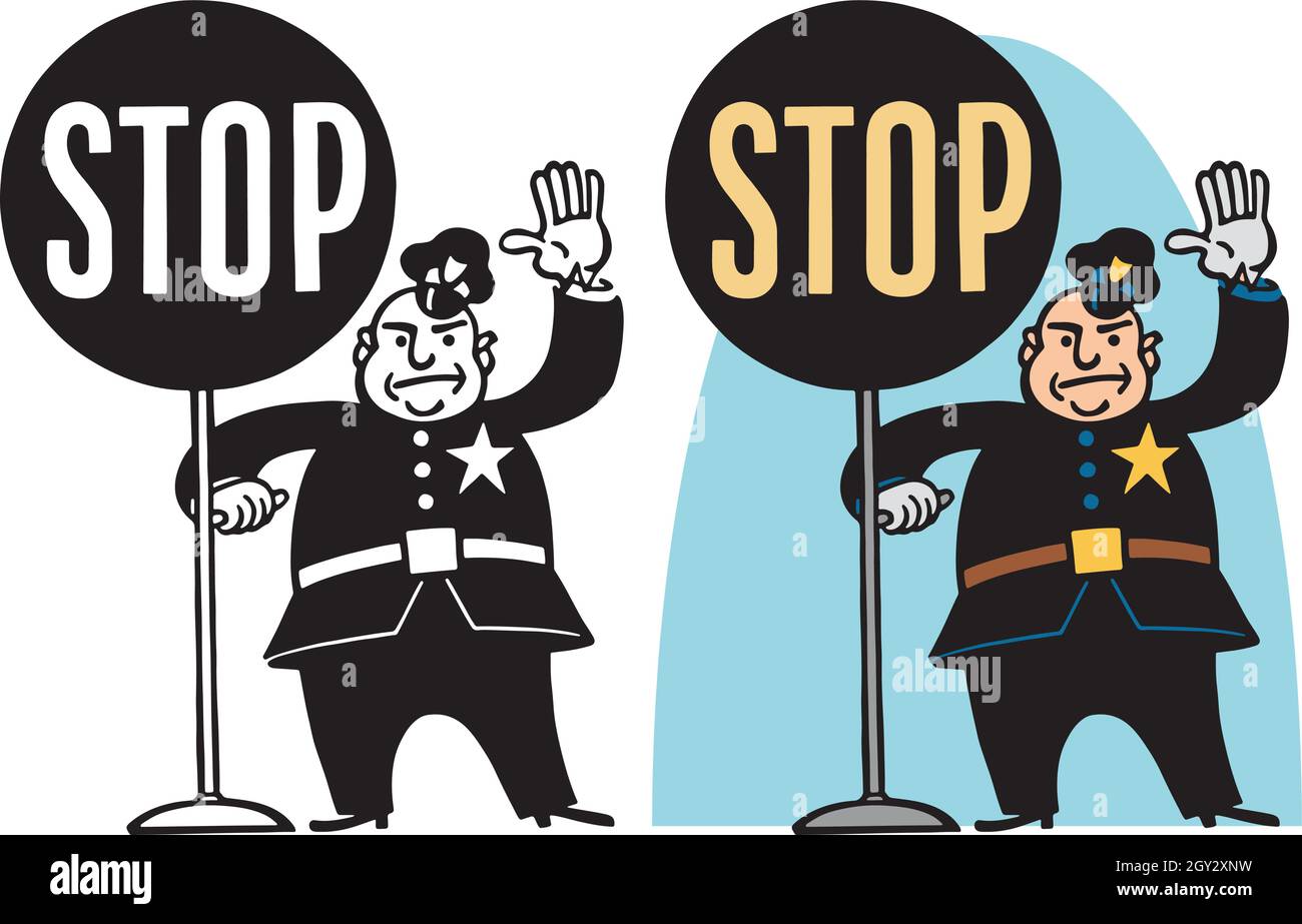 A vintage retro cartoon of a policeman holding a large stop sign. Stock Vector