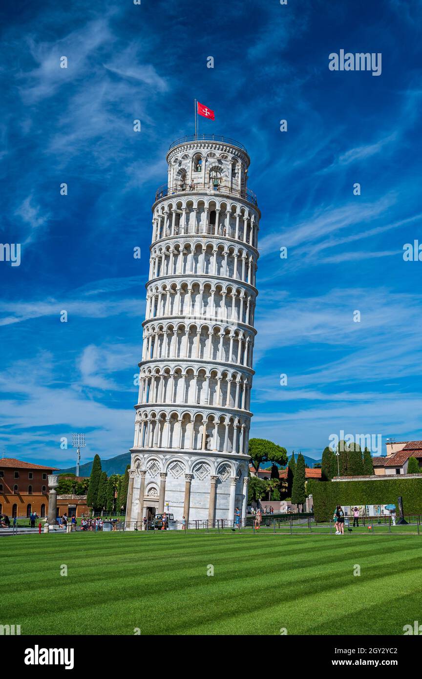 The world famous leaning tower in Piazza dei Miracoli, Pisa, one of the Unesco World Heritage Site Stock Photo