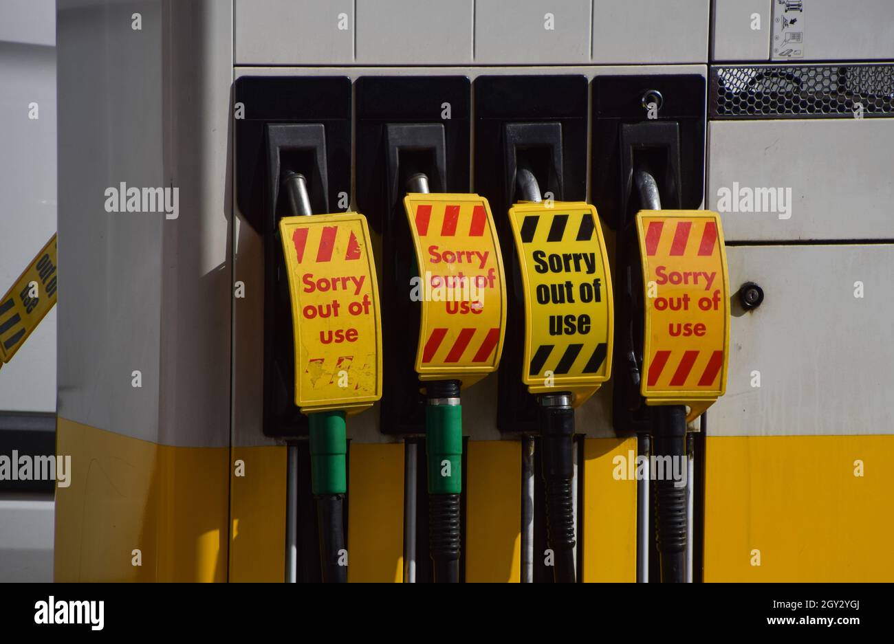 Sorry Out Of Use Signs Cover The Petrol Pumps At A Shell Station In Islington Many Stations Have Run Out Of Petrol Due To A Shortage Of Truck Drivers Linked To Brexit