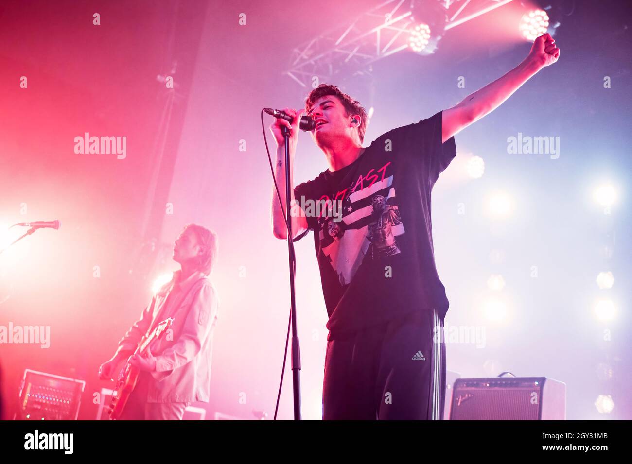 Manchester, UK. 06th October 2021. Grian Chatten, Carlos O'Connell, Conor Curley, Conor Deegan III, and Tom Coll of the band Fontaines D.C. perform the first of a 3 night run at Manchester Academy. 2021-10-06. Credit:  Gary Mather/Alamy Live News Stock Photo