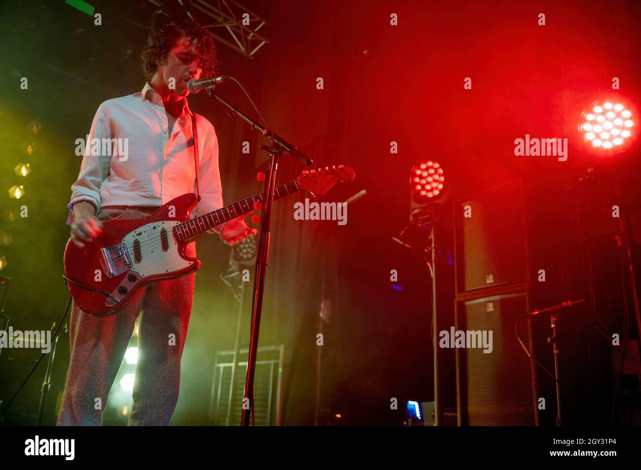 Manchester, UK. 06th October 2021. Grian Chatten, Carlos O'Connell, Conor Curley, Conor Deegan III, and Tom Coll of the band Fontaines D.C. perform the first of a 3 night run at Manchester Academy. 2021-10-06. Credit:  Gary Mather/Alamy Live News Stock Photo