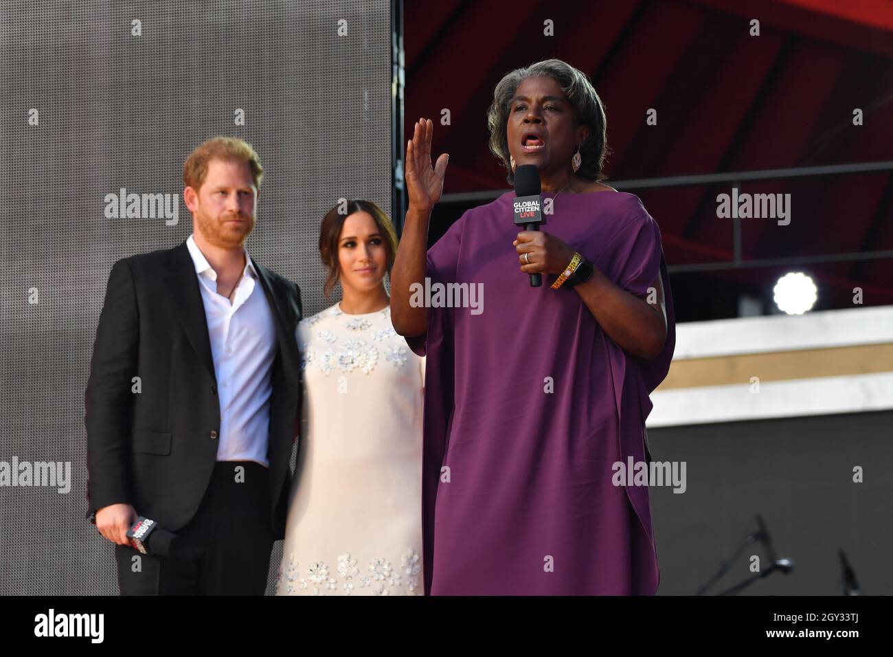 Prince Harry, Meghan Markle andLinda Thomas-Greenfield at 2021 Global Citizen Live: New York on September 25, 2021 at Central Park in New York City. Stock Photo