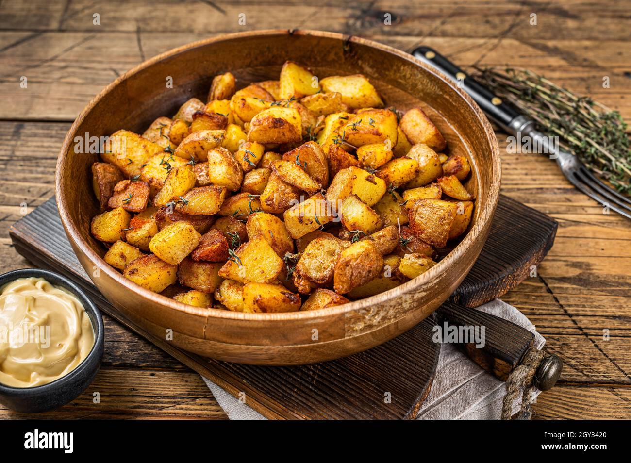 Fried potato Patatas bravas traditional Spanish potatoes snack tapas