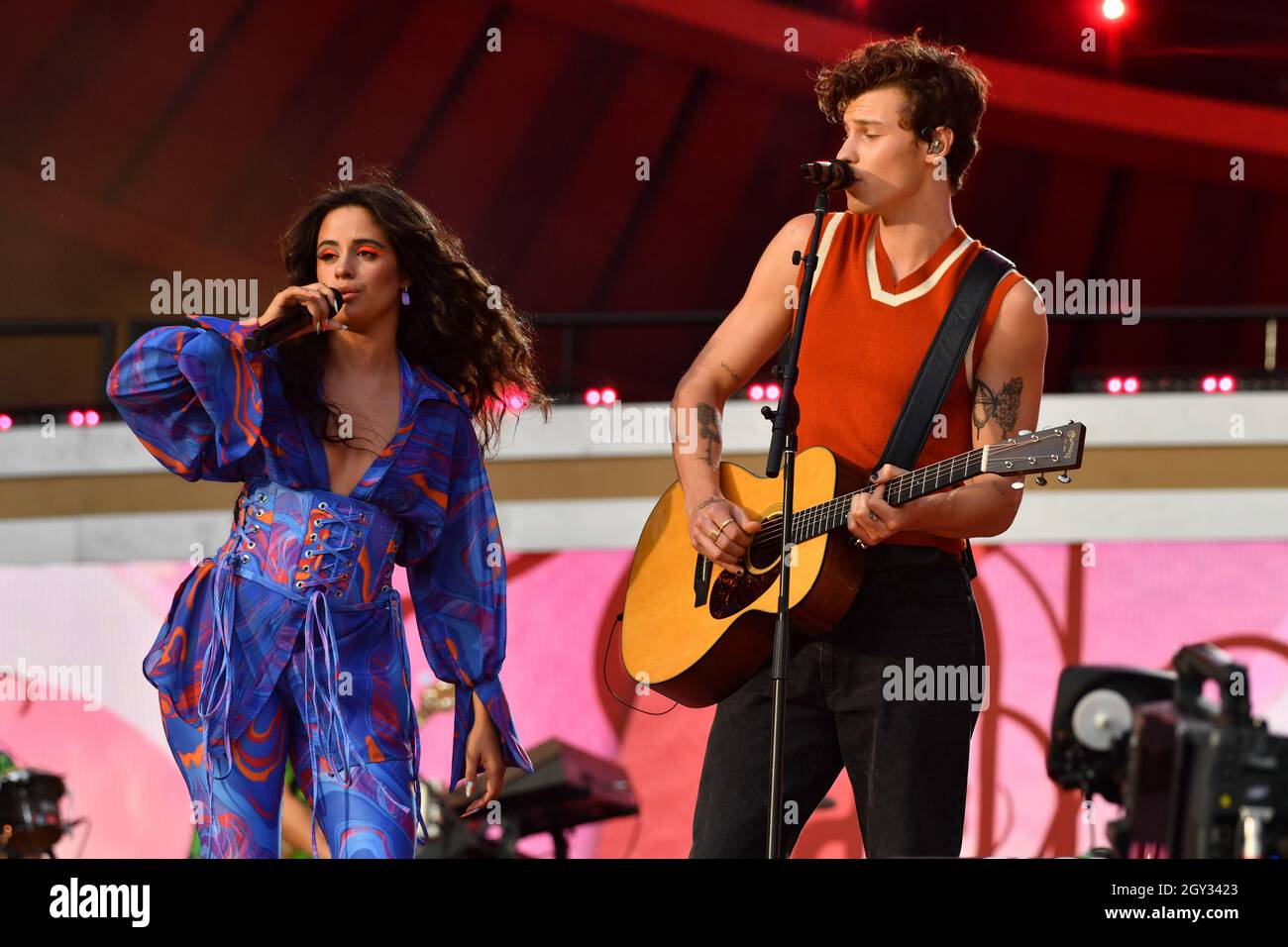Camila Cabello and Shawn Mendes perform at 2021 Global Citizen Live: New York on September 25, 2021 at Central Park in New York City. Stock Photo
