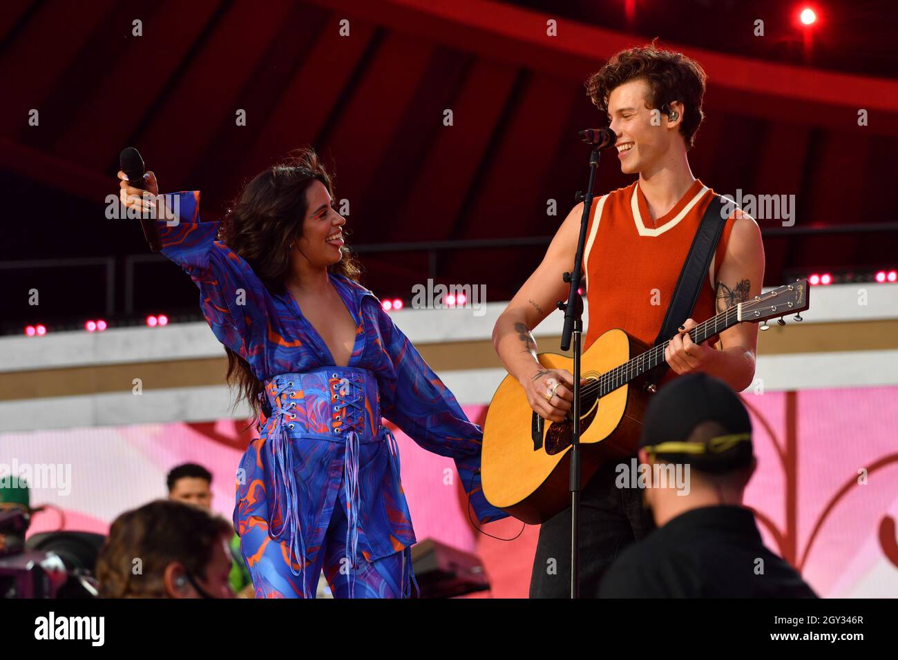Camila Cabello and Shawn Mendes perform at 2021 Global Citizen Live: New York on September 25, 2021 at Central Park in New York City. Stock Photo