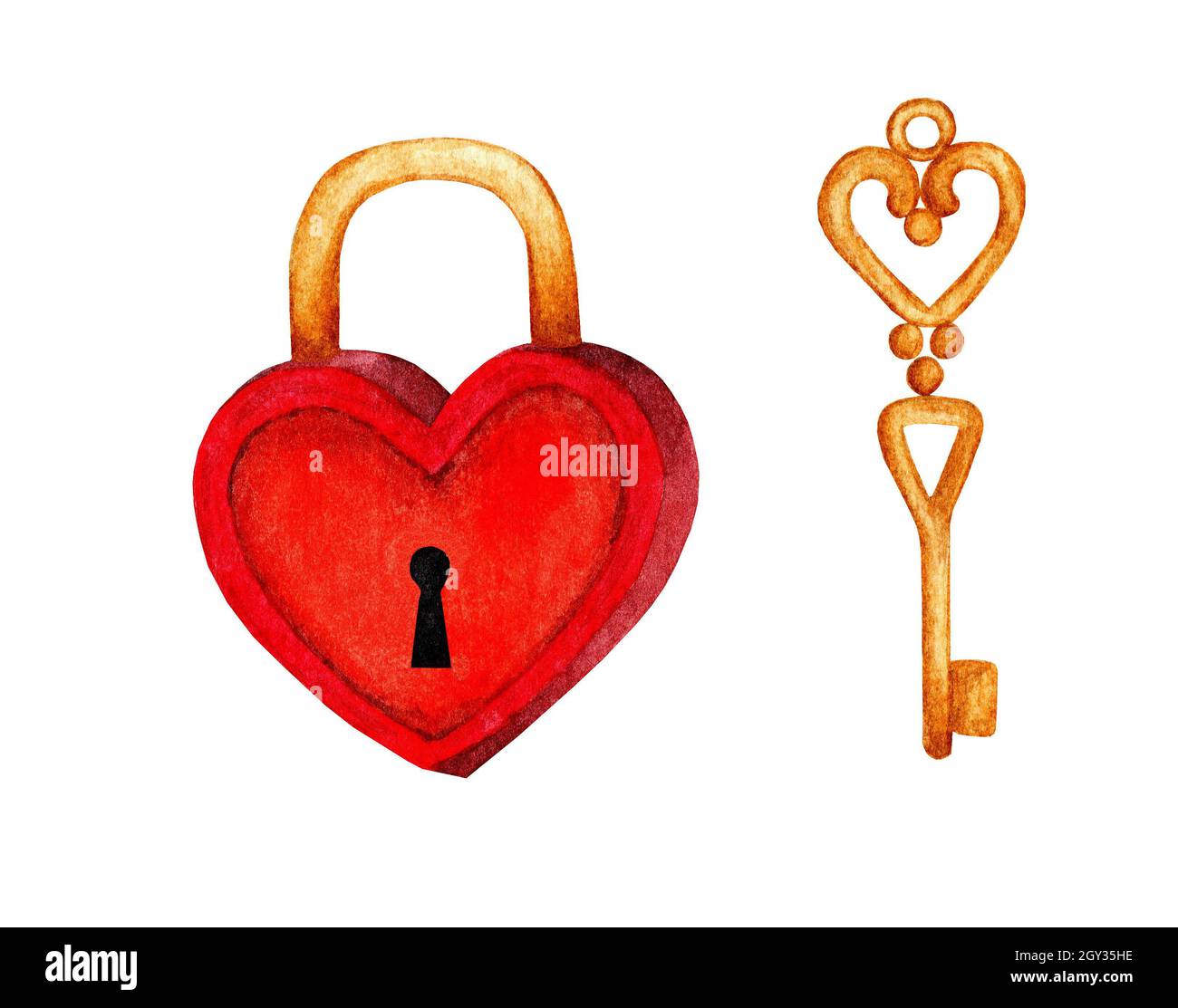 Watercolor illustration of a red heart shaped padlock and a golden key ...