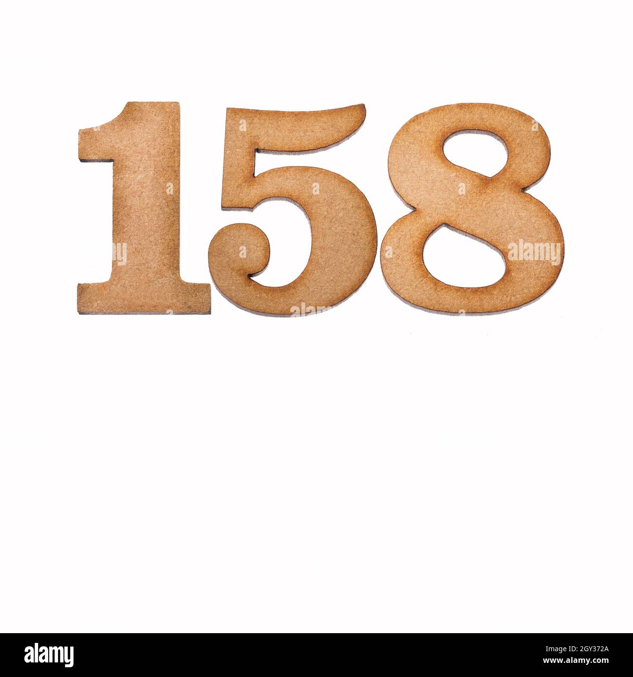 Number 158 in wood, isolated on white background Stock Photo