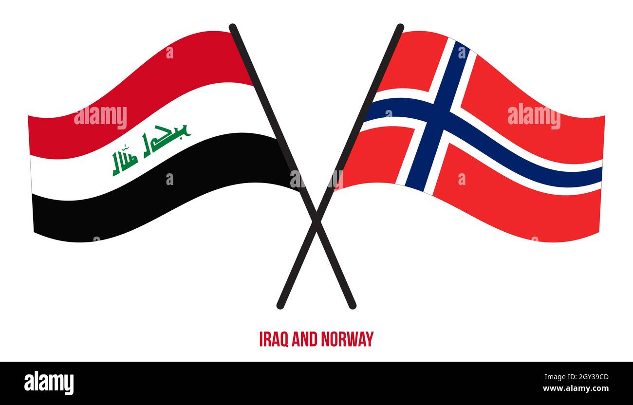 Iraq and Norway Flags Crossed And Waving Flat Style. Official Proportion. Correct Colors. Stock Photo