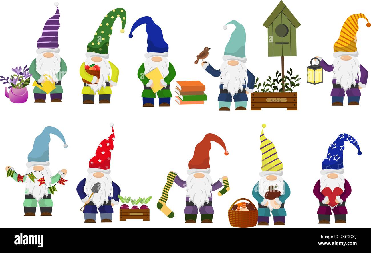A set of little gnomes. Fairy tale characters with various items - basket, mushrooms, lantern and flags. Stock Vector