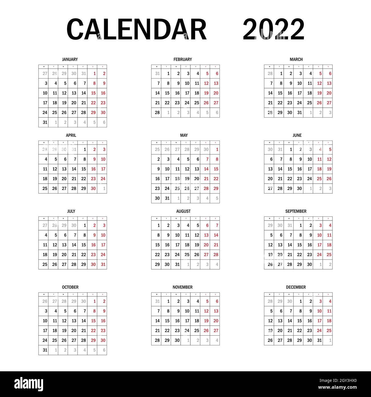 Media Calendar 2022 2022 Calendar Planner. Corporate Week. Template Layout, 12 Months Yearly,  White Background. Simple Design For Business Brochure, Flyer, Print Media  Stock Vector Image & Art - Alamy