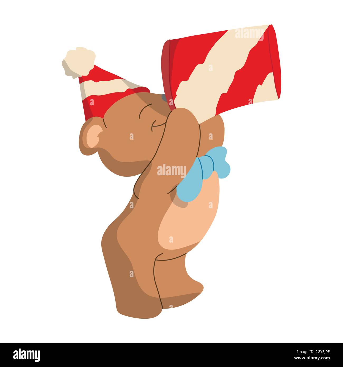 bear wearing a birthday hat and gets a gift by wearing a blue ribbon around his neck Stock Vector