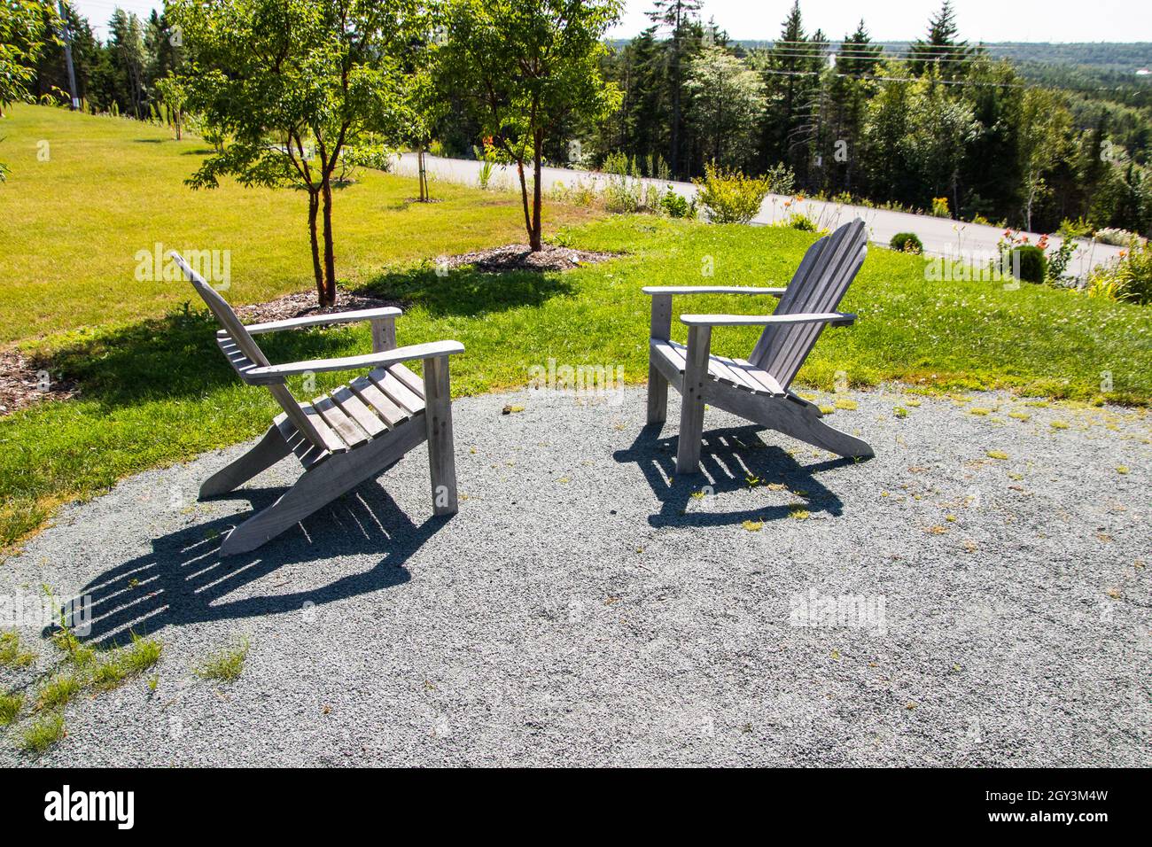 Two chairs facing each other and nobody hires stock photography and