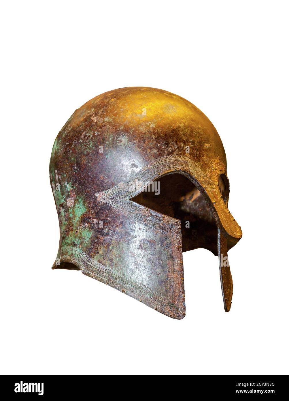 Greek Corinthian Helmet. The Corinthian helmet originated in ancient Greece and took its name from the city-state of Corinth. It was a helmet made of Stock Photo