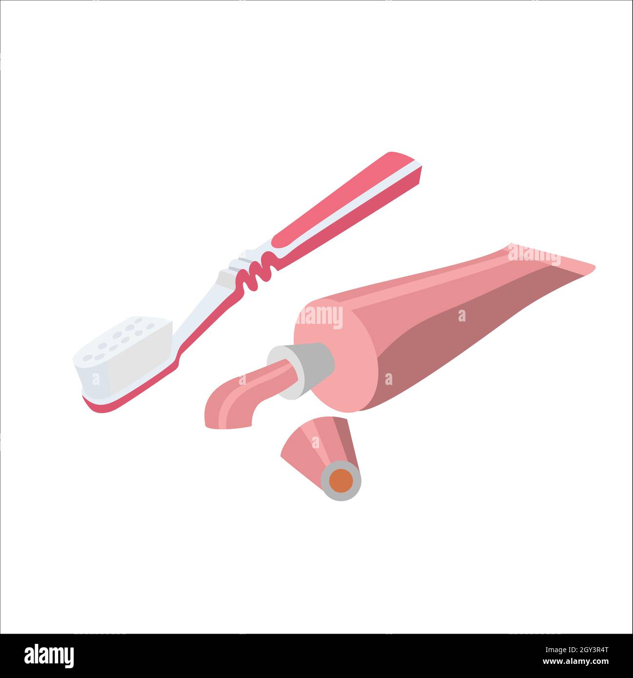 The toothpaste and toothbrush come in pink and white, flat design Stock ...