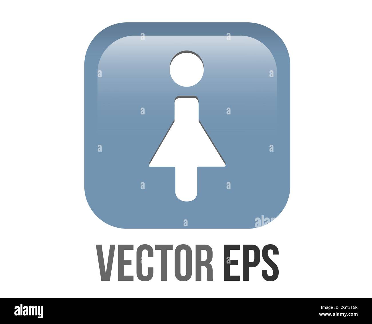 The isolated vector gradient blue woman restroom round corner square icon button with iconography woman, to indicate location of public bathrooms, toi Stock Vector