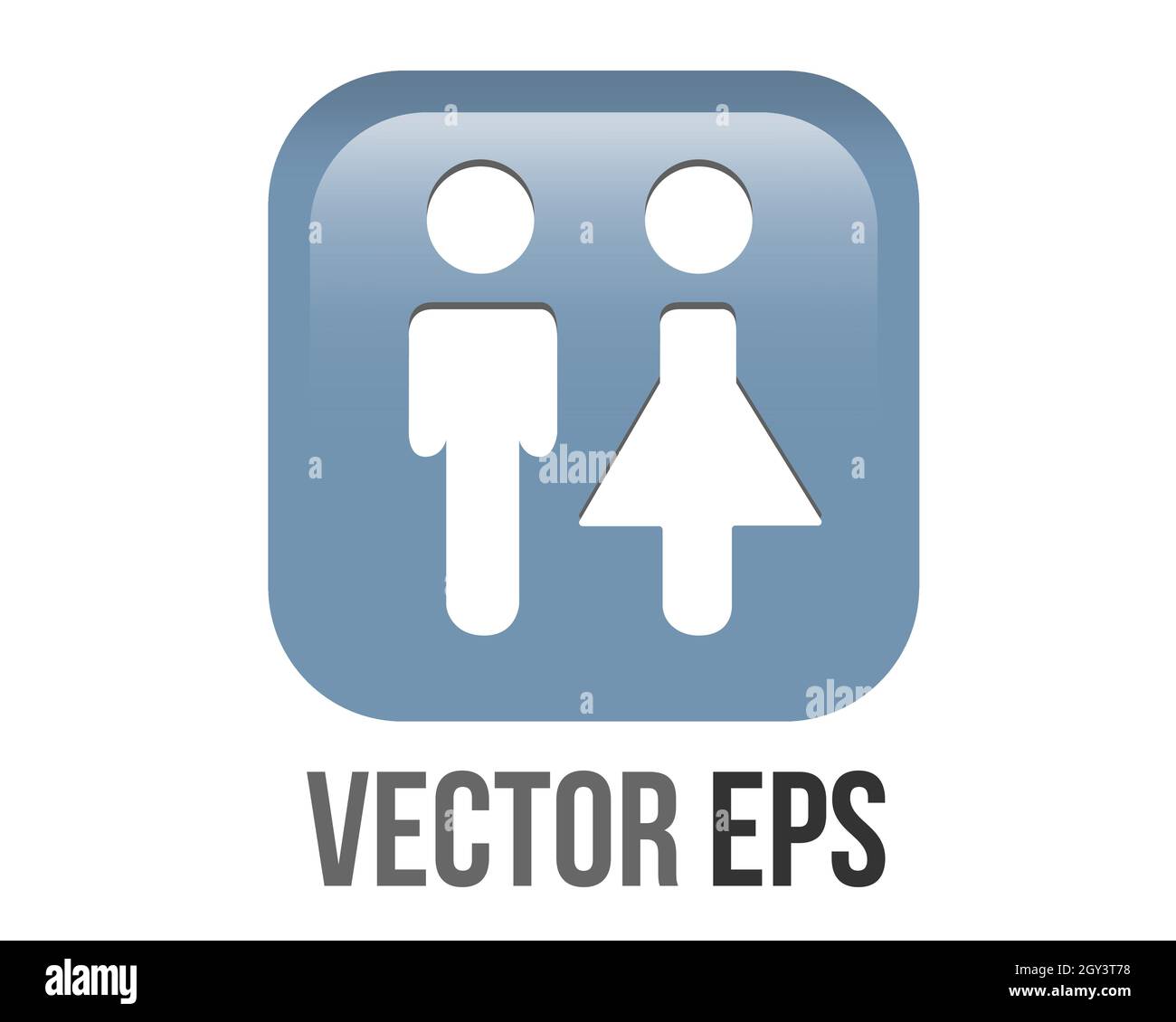 The isolated vector gradient blue restroom round corner square icon button with iconography of man and woman, to indicate location of public bathrooms Stock Vector