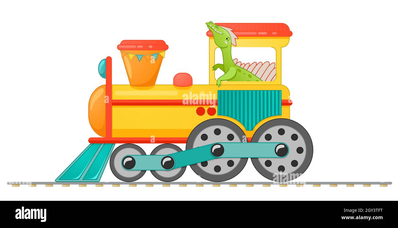Train with cute little dinosaur in cartoon style. Vector colorful