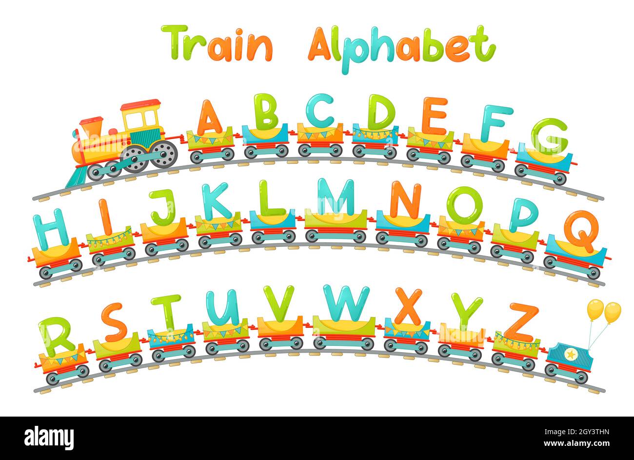 Train alphabet for kid in cartoon style. Capital letters only. Vector