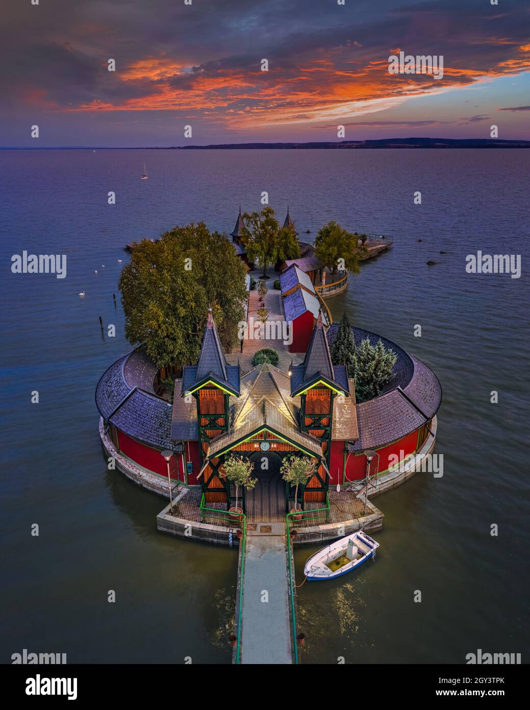 Keszthely, Hungary - Aerial panoramic view of the beautiful Pier of Keszthely by the Lake Balaton with a colorful autumn sunset. Famous touristic attr Stock Photo