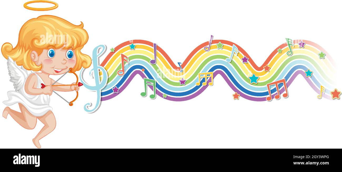 Cupid girl with melody symbols on rainbow wave illustration Stock ...
