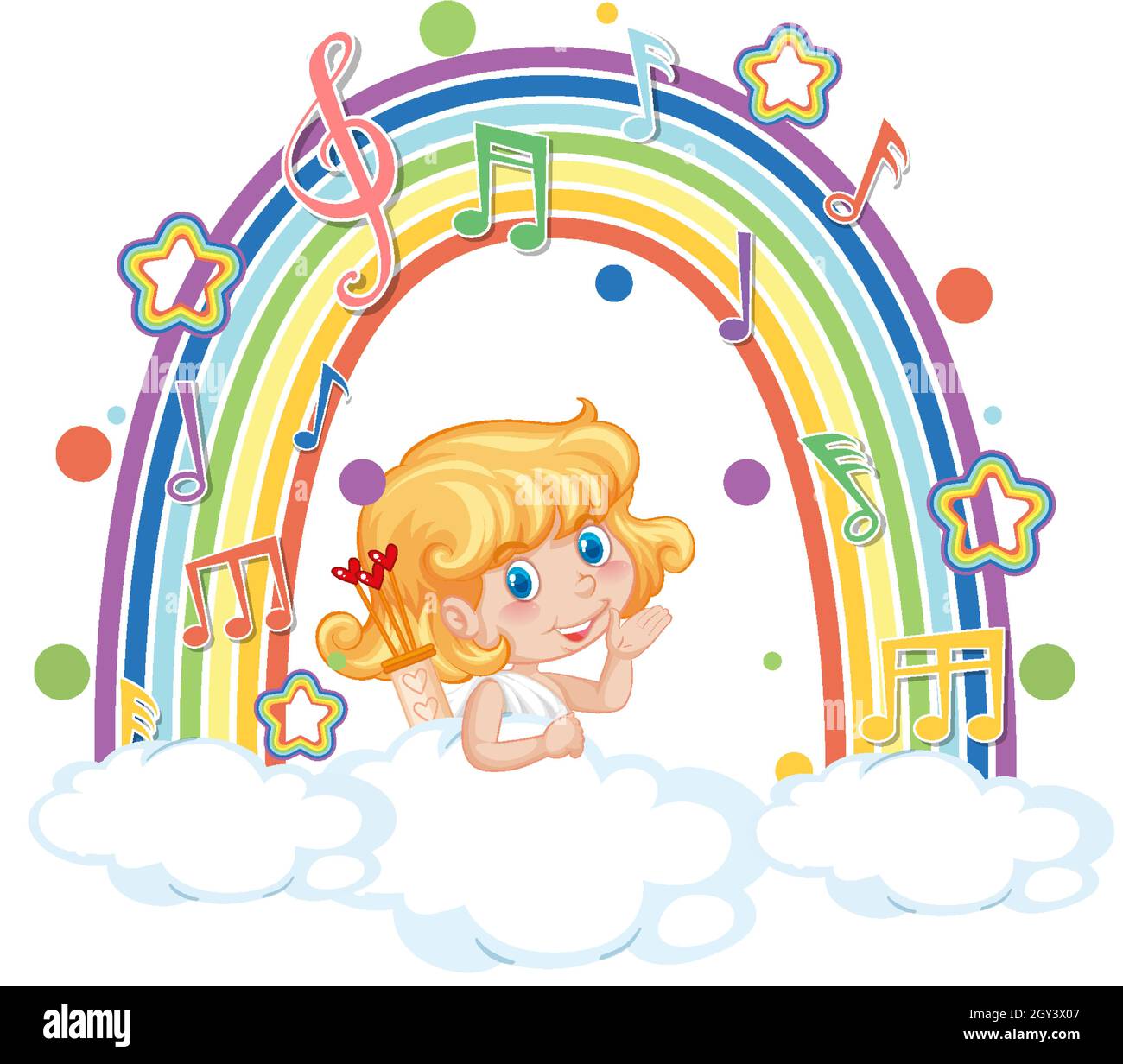 Cupid girl on the cloud with melody symbols on rainbow illustration ...