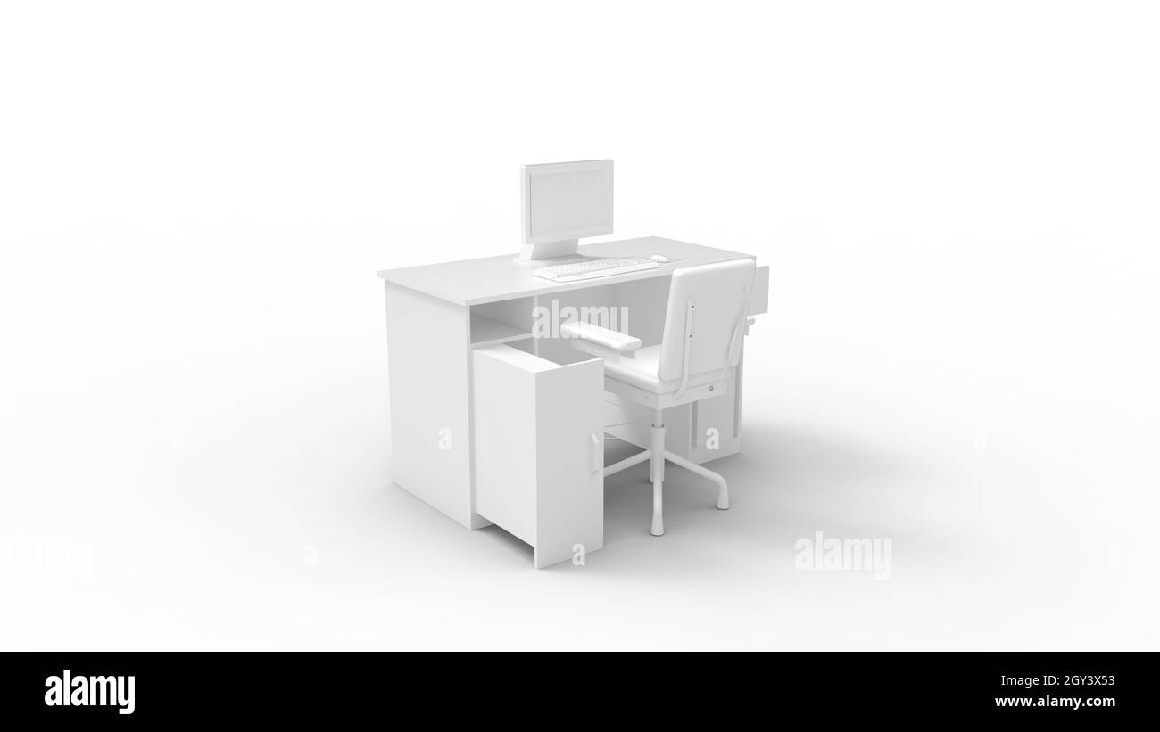 3D rendering of an office desk working place isolated on white empty ...