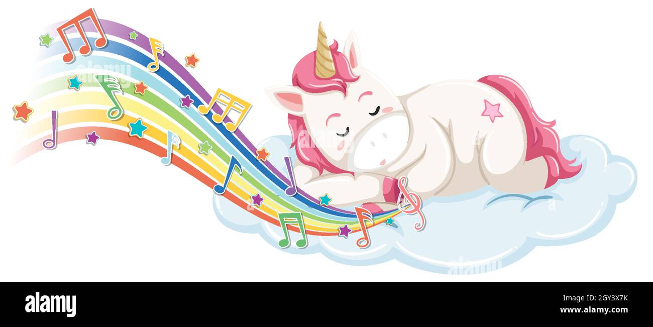 Cute unicorn sleeping on the cloud with melody symbols on rainbow ...