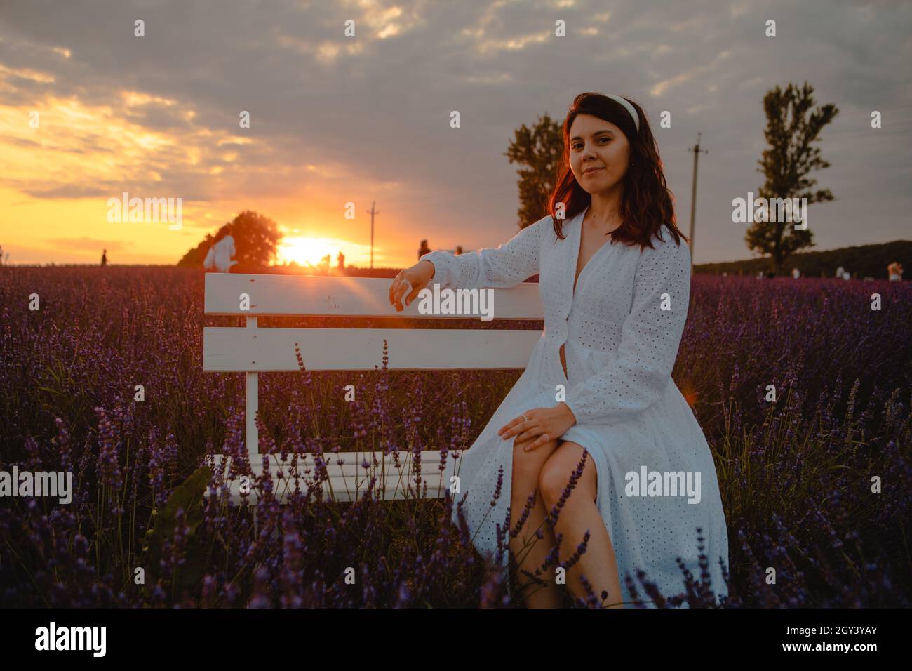 gorgeous woman in white dress at lavender field sunset time Stock Photo ...