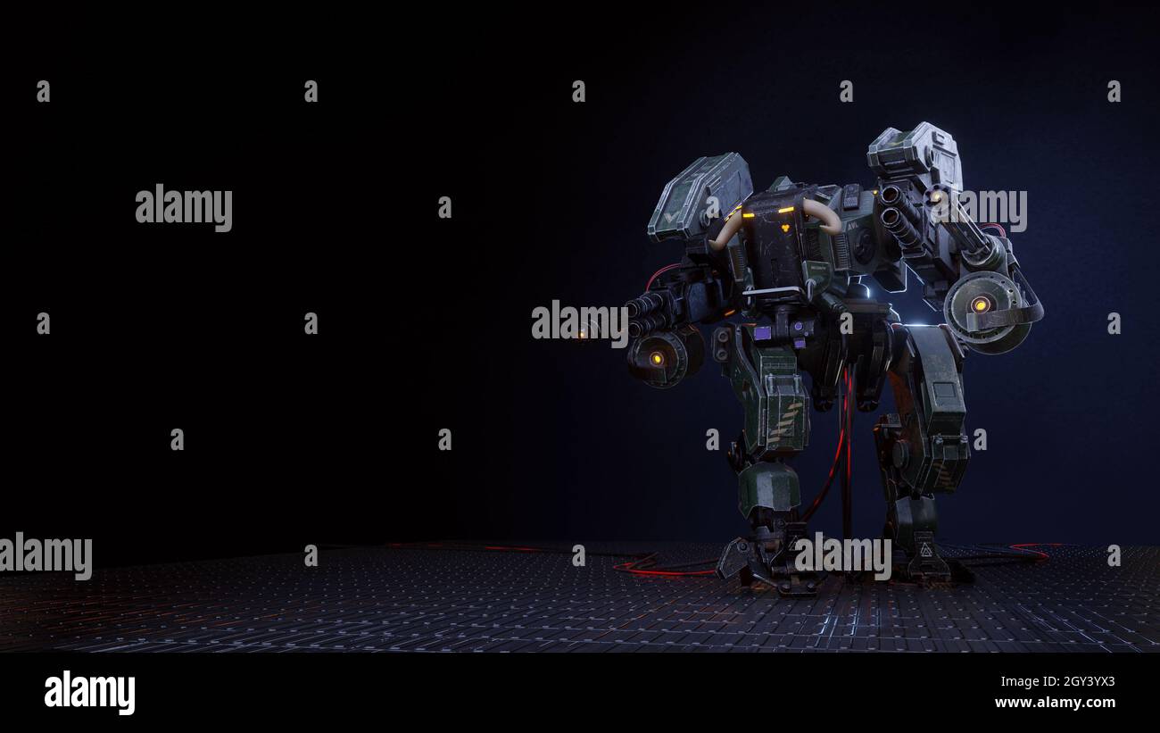 large combat robot on a dark background Stock Photo