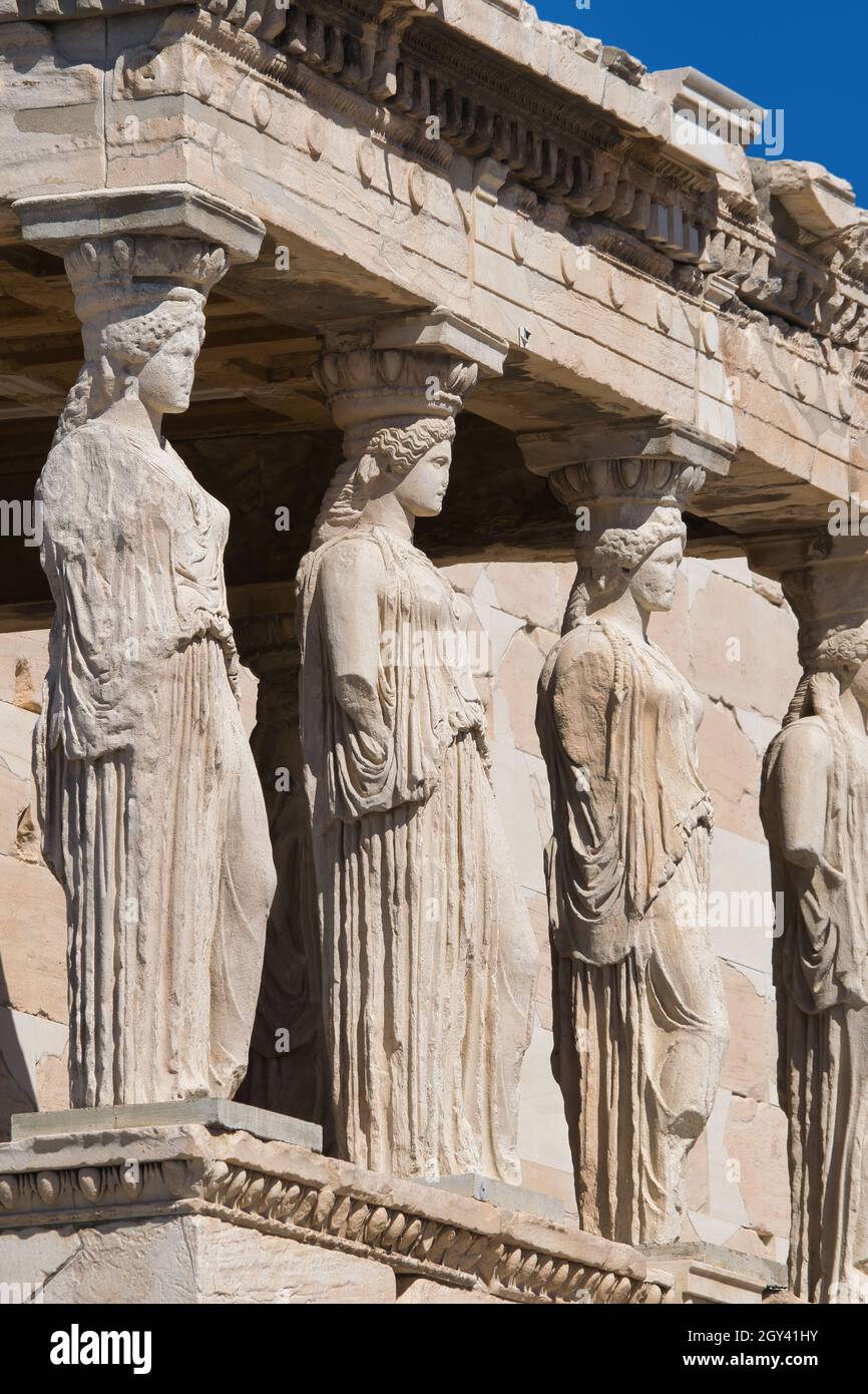Caryatids, beautiful girls of classical Athens at the top of the Acropolis. Erechtheion, Stock Photo