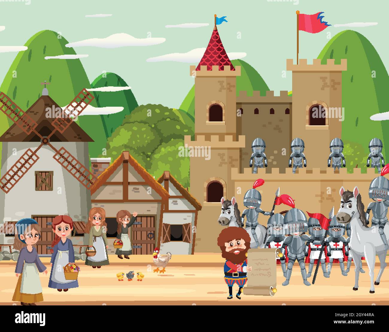 Medieval town scene with villagers illustration Stock Vector Image ...
