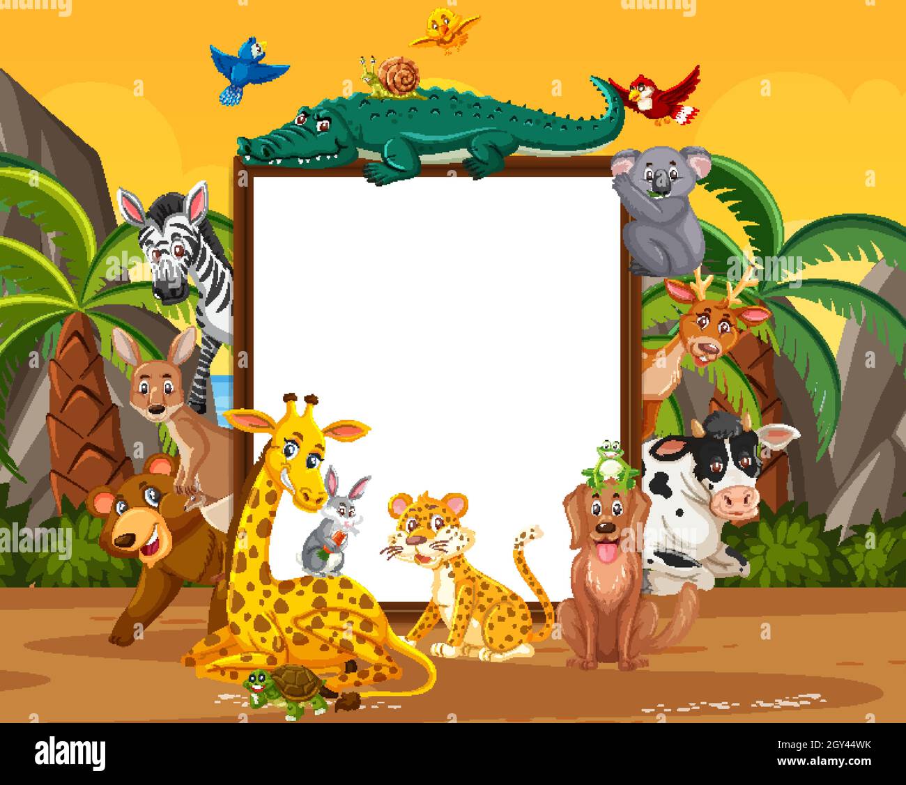 Empty wooden frame with various wild animals in the forest illustration ...