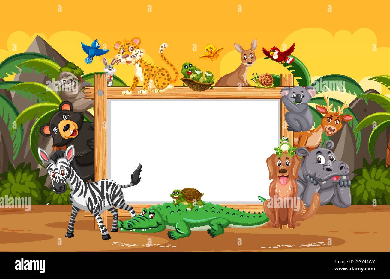 Empty wooden frame with various wild animals in the forest illustration ...
