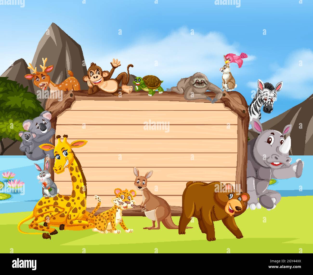 Empty wooden board with various wild animals in the forest illustration ...