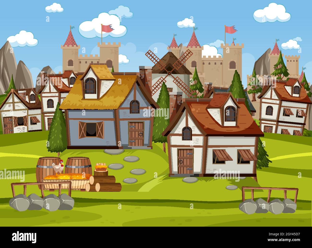 Medieval village scene with castle background illustration Stock Vector Image & Art - Alamy Medieval village scene with castle background illustration Stock Vector Image & Art - Alamy